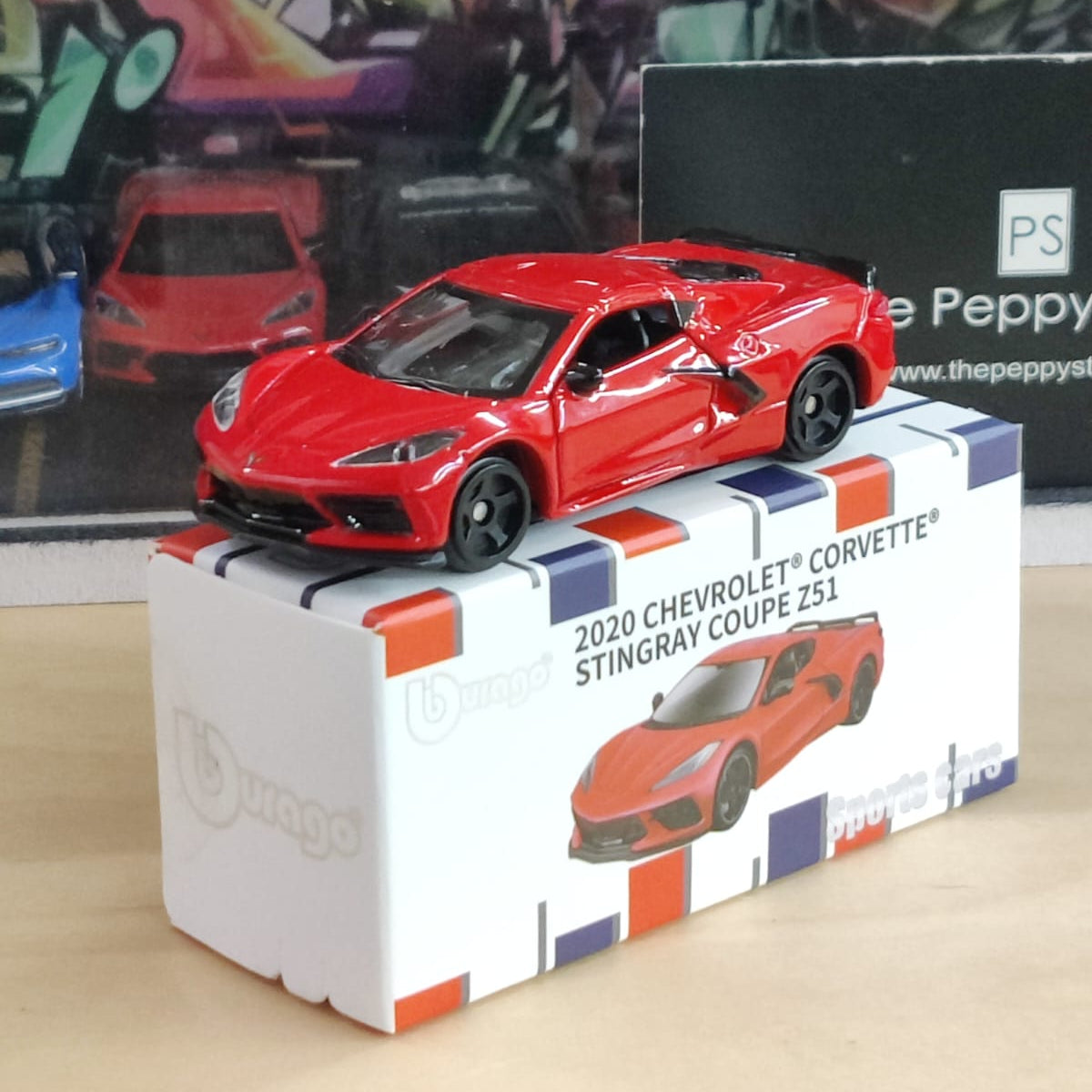Official Bburago 2020 Chevrolet Corvette Stingray Coupe Z51 - Red - 1 : 64 Diecast Scale Model