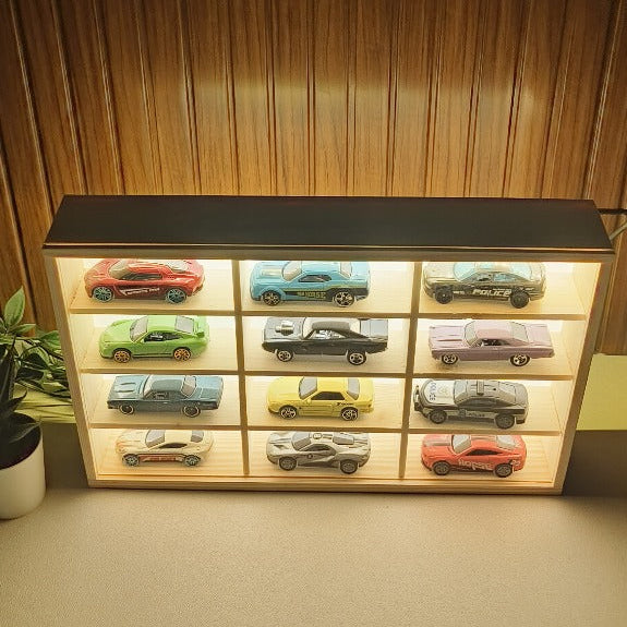 Wooden LED Hot Wheels Diecast Organizers With Light With Acrylic Dust Covers -  Fits 12 Cars ( No cars Included )
