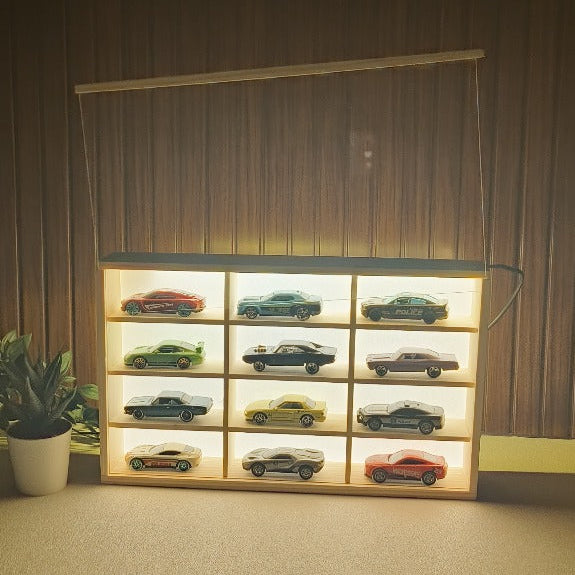 Wooden LED Hot Wheels Diecast Organizers With Light With Acrylic Dust Covers -  Fits 12 Cars ( No cars Included )