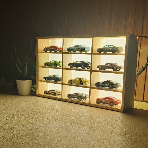 Wooden LED Hot Wheels Diecast Organizers With Light With Acrylic Dust Covers -  Fits 12 Cars ( No cars Included )