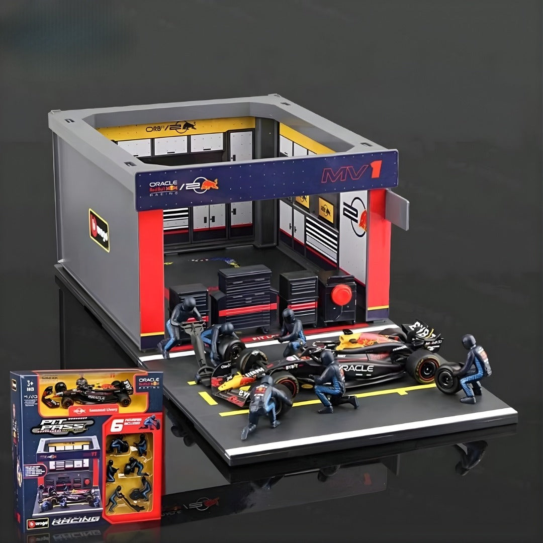Bburago Garage Kit Red Bull RB20 Formula 1 Pit Stop Scene Max Verstappen #1 Diecast Model Set – 1:43 Scale