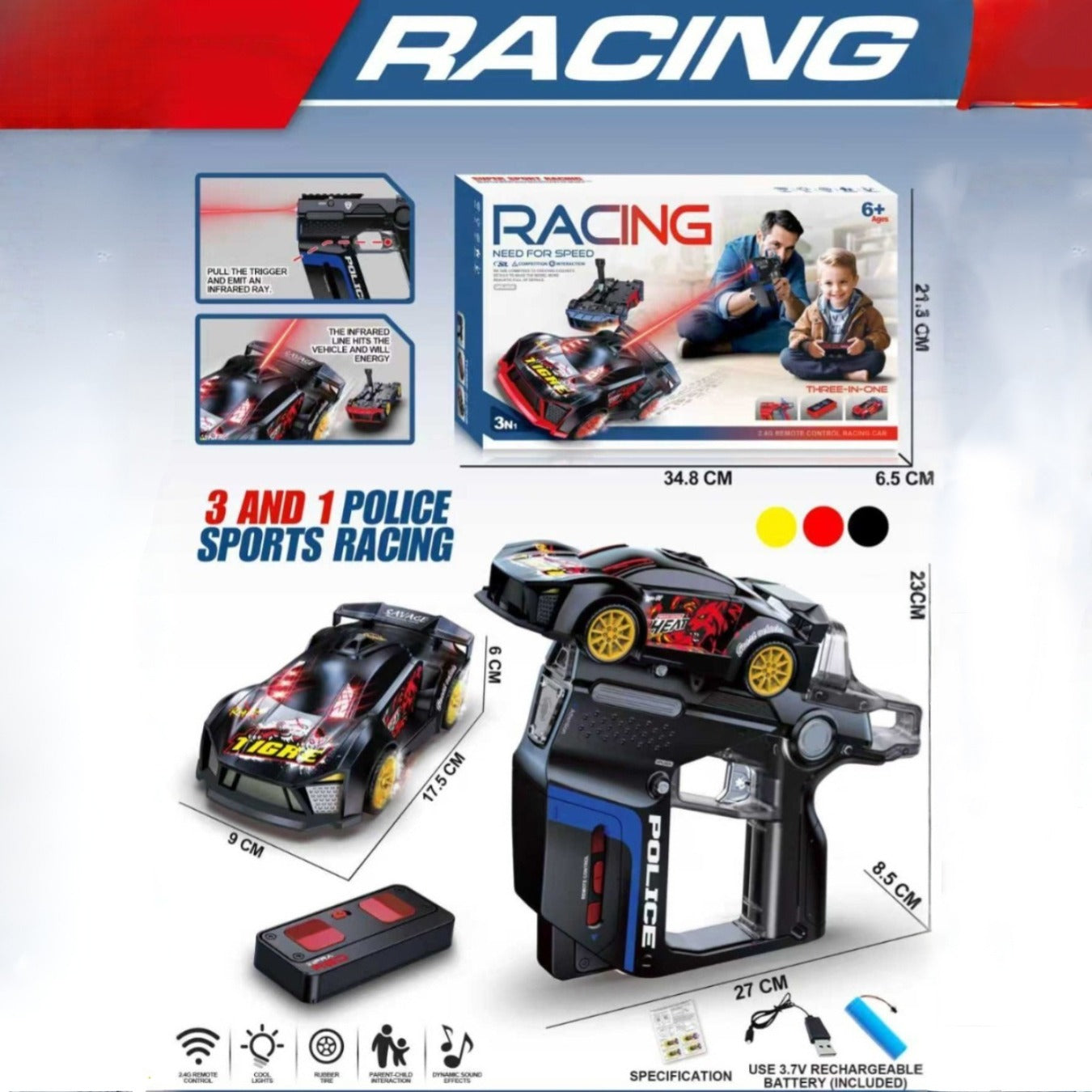 Laser 3-in-1 Infrared Gun 2.4 GHz R/C Alloy Model Car  (Choose From Drop Down Menu)