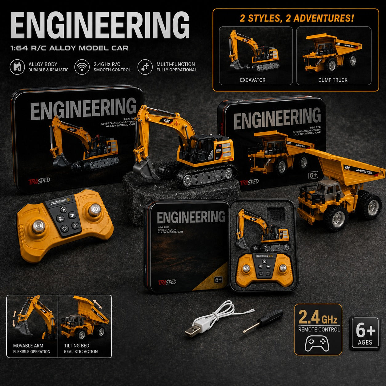 Remote Control Engineering 1:64 Remote Control Alloy Construction Vehicle ( Set of 2)