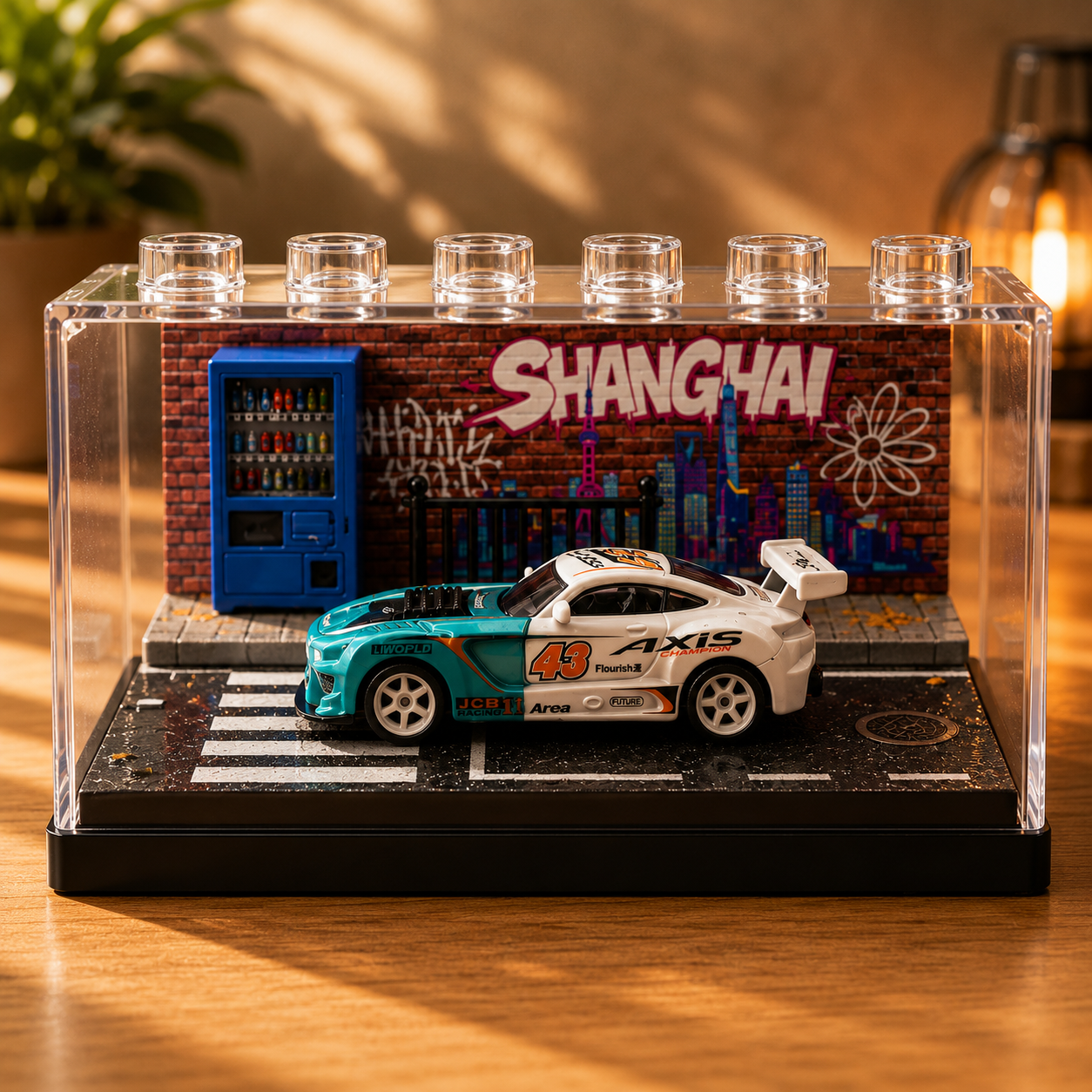 White & Teal Racing Car Miniature Diorama Display – Premium Street Art Scene with Acrylic Case