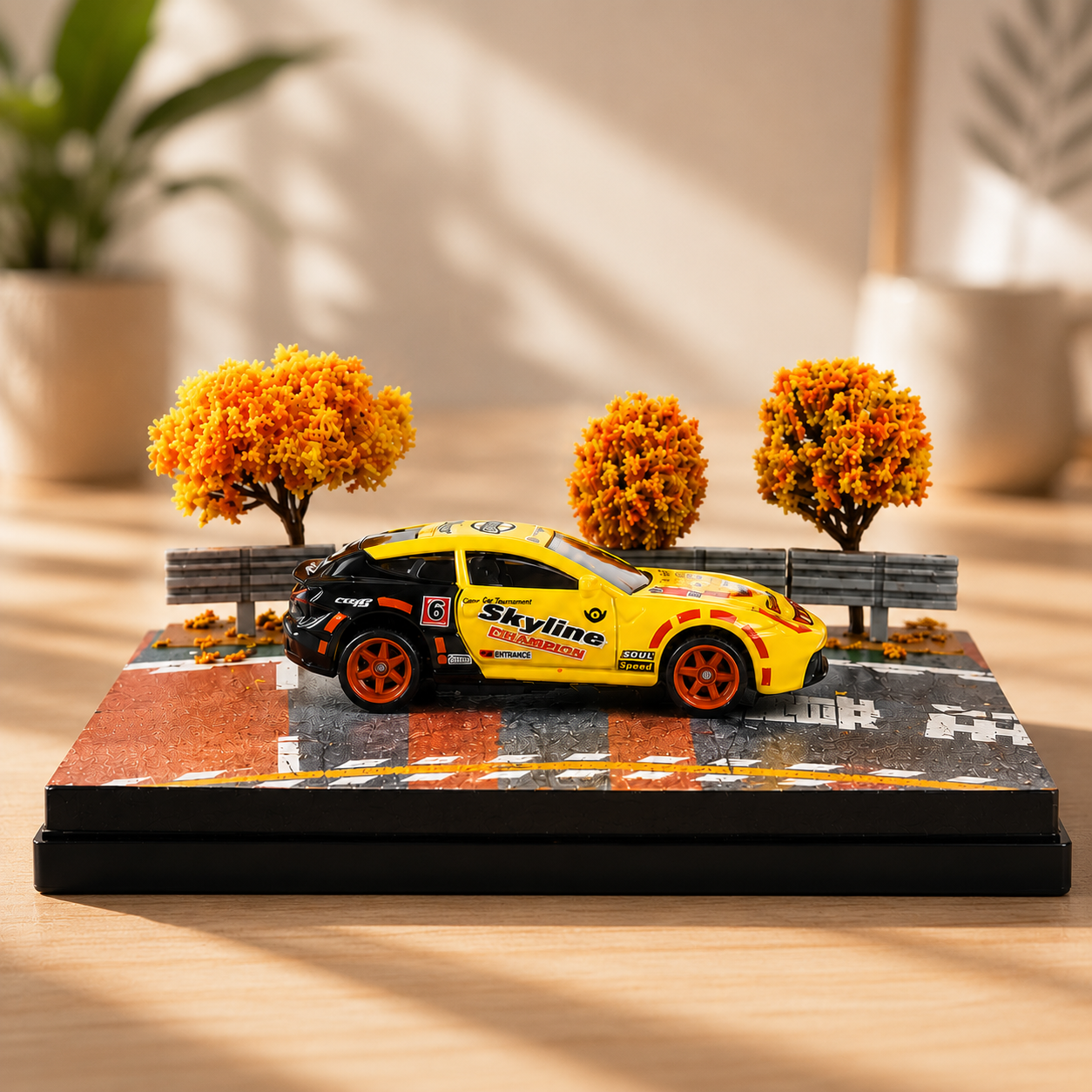 Yellow Racing Car Miniature  1:64 Diorama Display – Premium Trackside Scene with Acrylic Case |