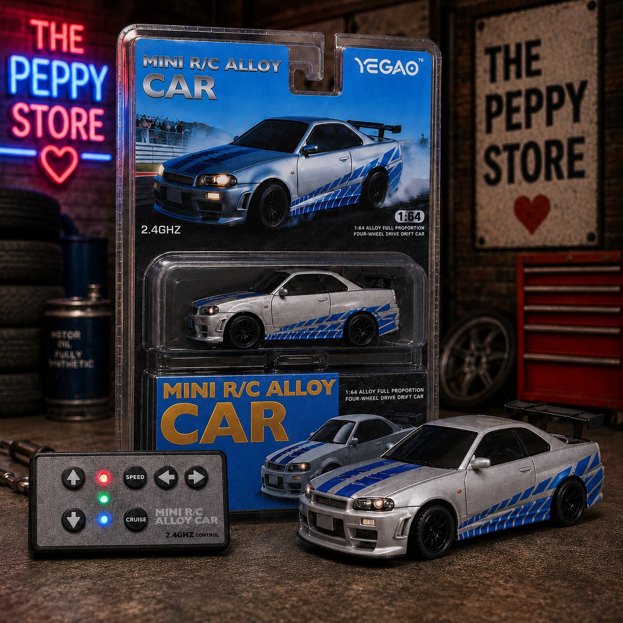 Yegao Nissan Skyline GT-R (R34) Silver Scale 1:64 Mini 2.4 GHZ Remote Control Alloy Full Proportion Four-Wheel Drive Drift Car