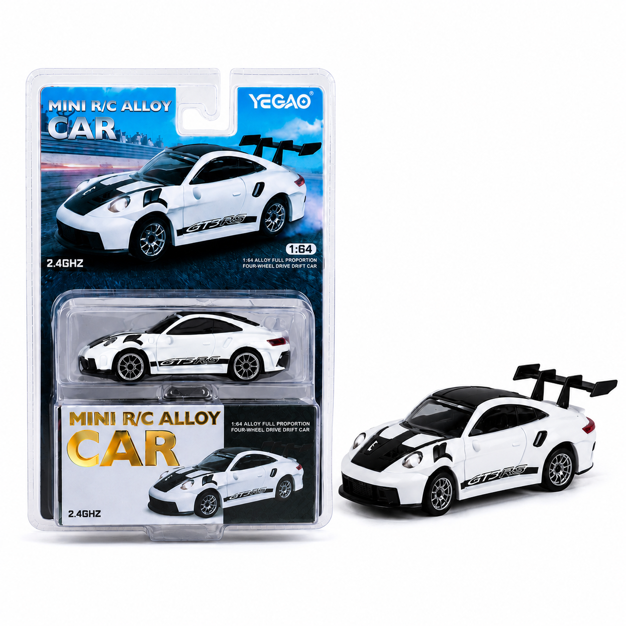 Yegao Porsche 911 GT3 RS White Scale 1:64 Mini 2.4 GHZ Remote Control Alloy Full Proportion Four-Wheel Drive Drift Car White