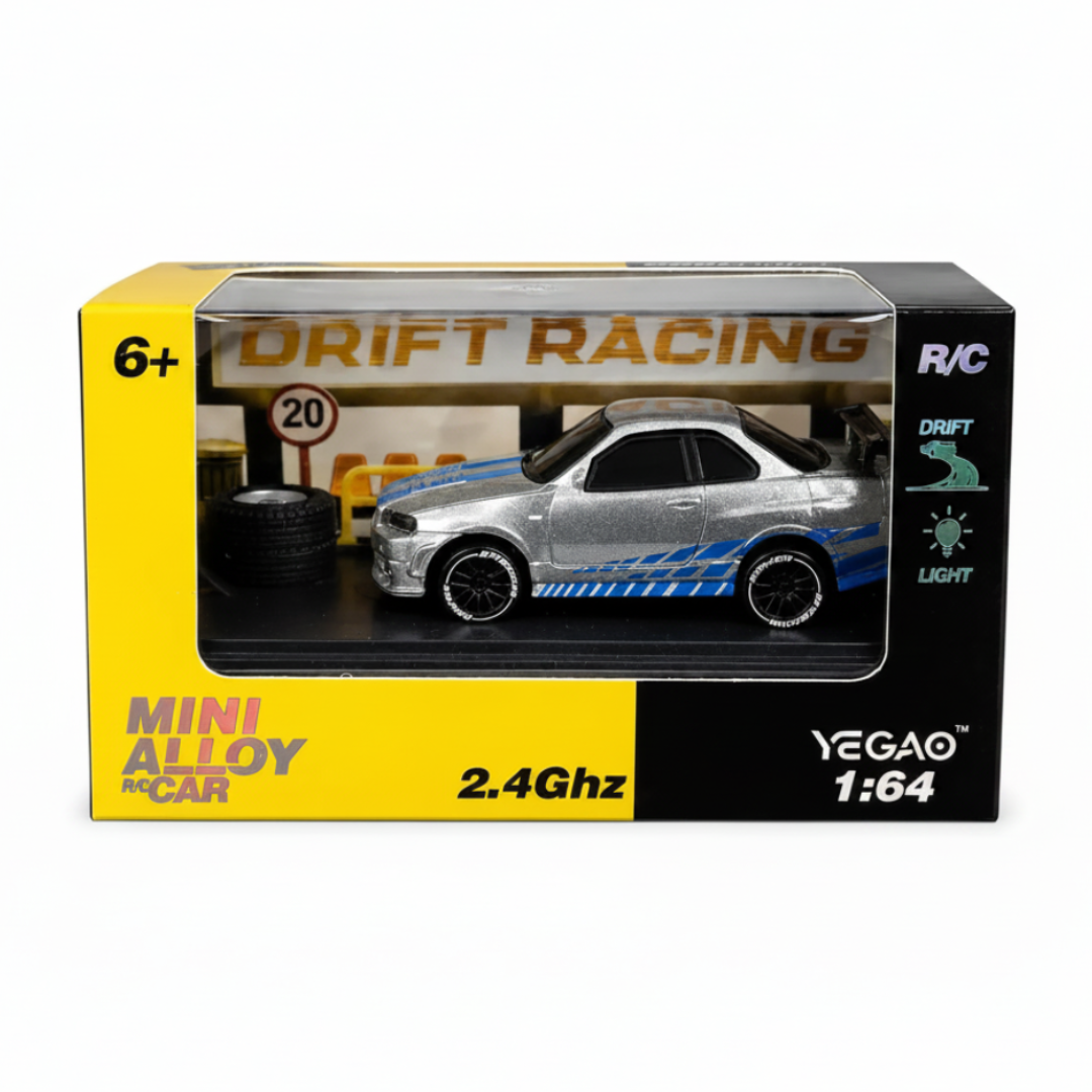 
Yegao Mini Alloy RC Drift Car 1:64 with 2.4GHz Remote Control – Silver & Blue

