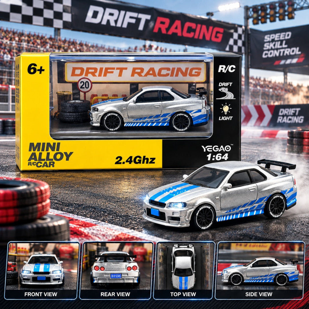 
Yegao Mini Alloy RC Drift Car 1:64 with 2.4GHz Remote Control – Silver & Blue
