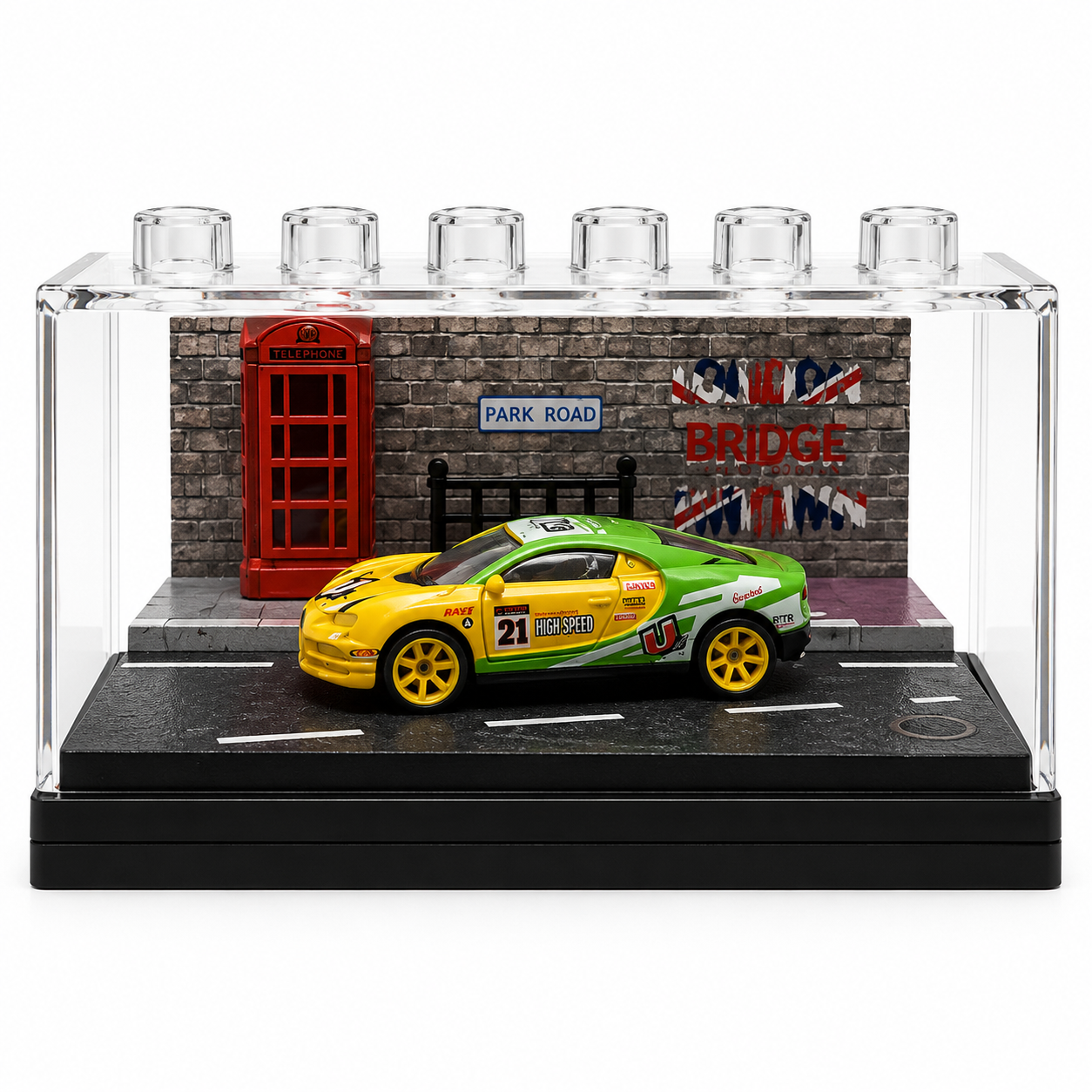 Yellow & Green Racing Car Miniature Diorama Display – Premium Urban Street Scene with Acrylic Case