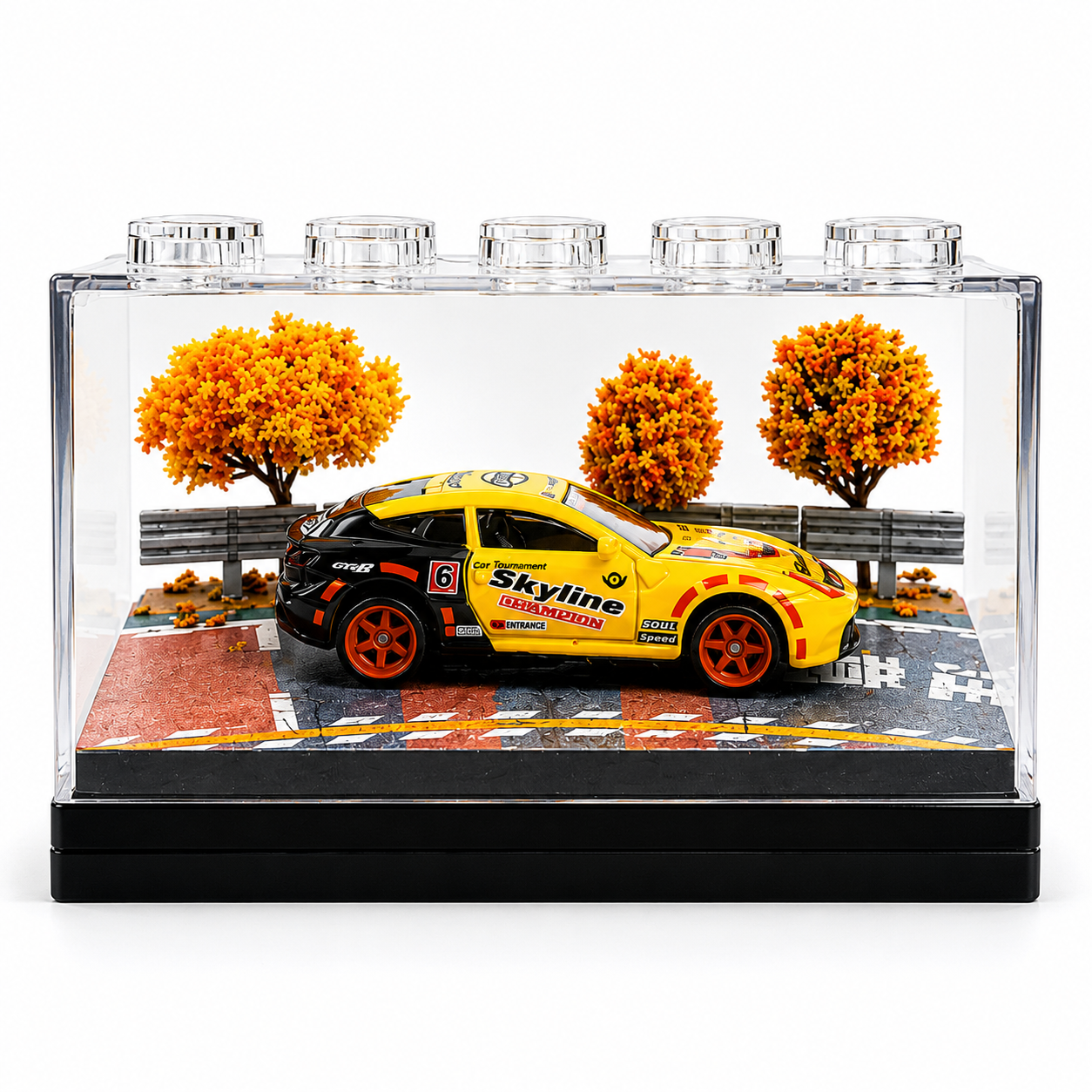 Yellow Racing Car Miniature Diorama Display – Premium Trackside Scene with Acrylic Case |