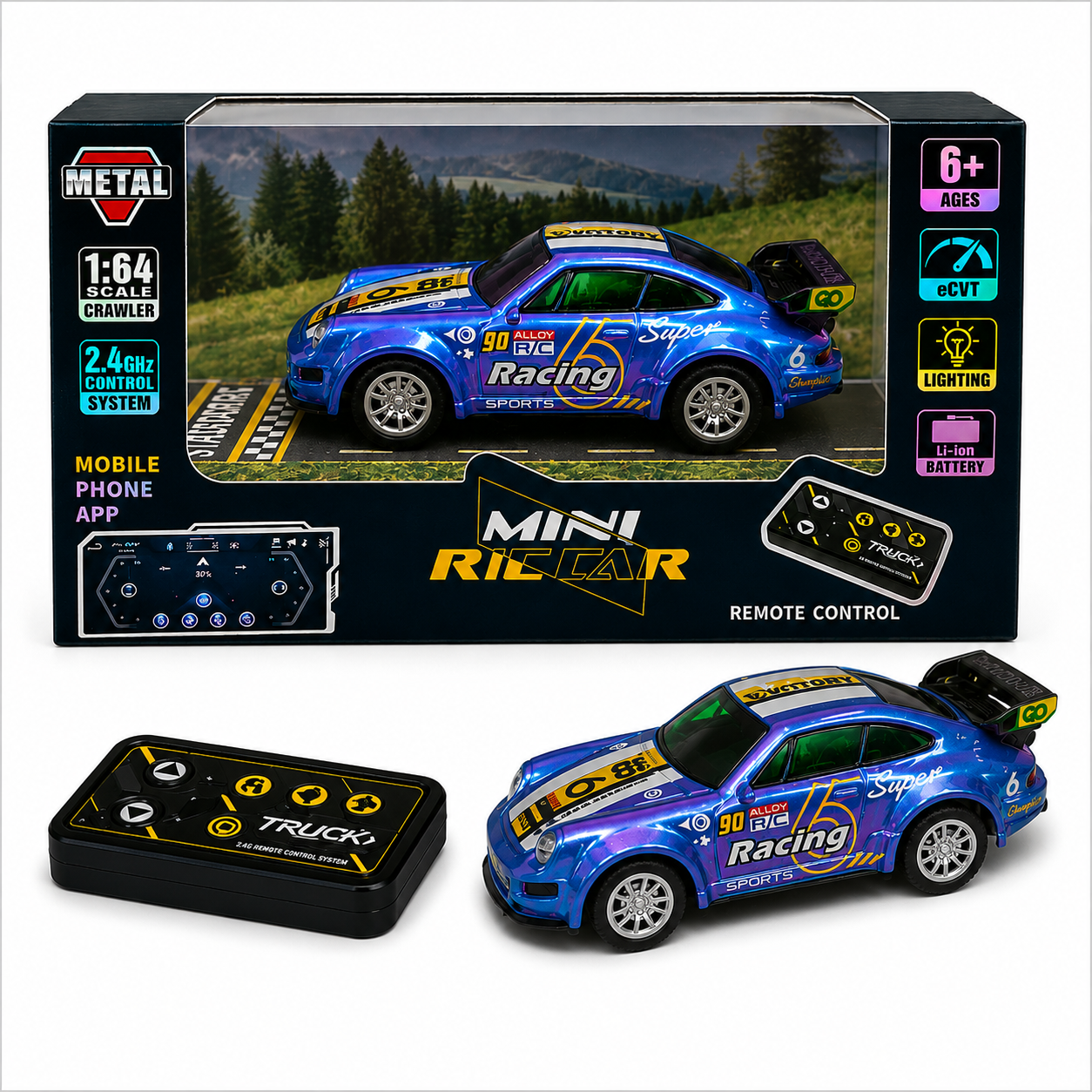 Trasped Porsche Style Mini Remote Control Racing Car with LED Lights, 2.4GHz Remote & App Control(Blue)