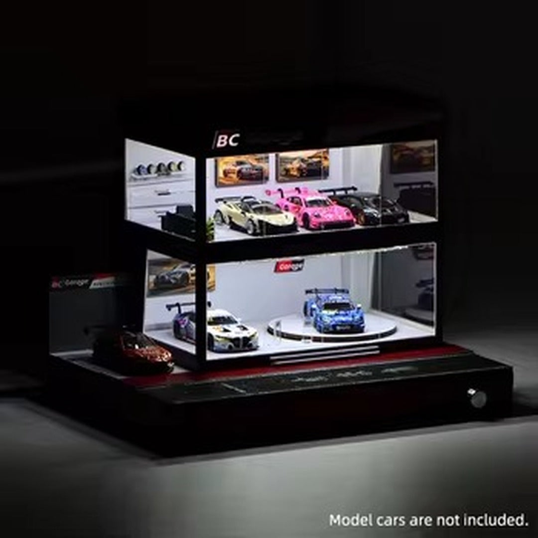 BC Garage Two-Tier LED Display Case with Rotating Turntable for 1:64 Diecast Cars lit up side view