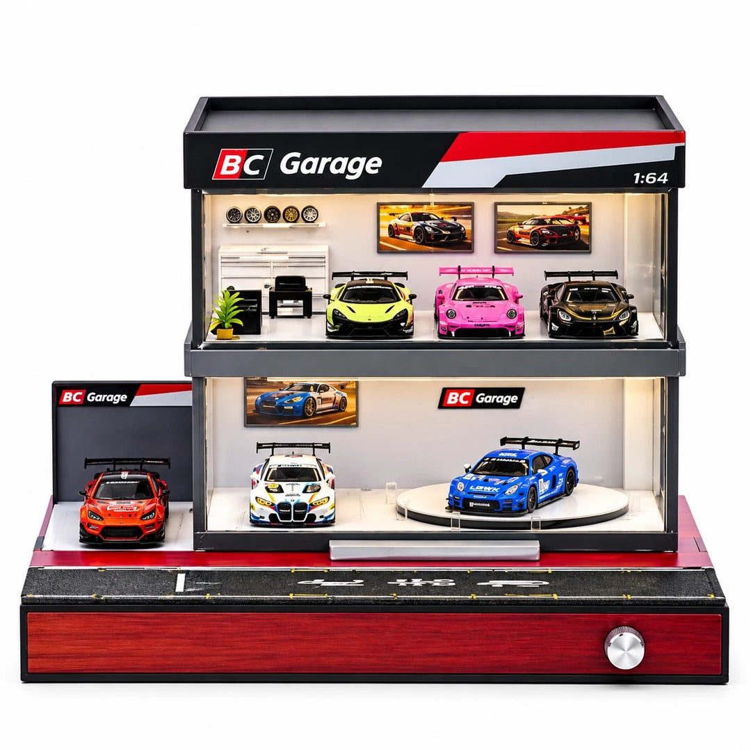 BC Garage Two-Tier LED Display Case with Rotating Turntable front view on white background