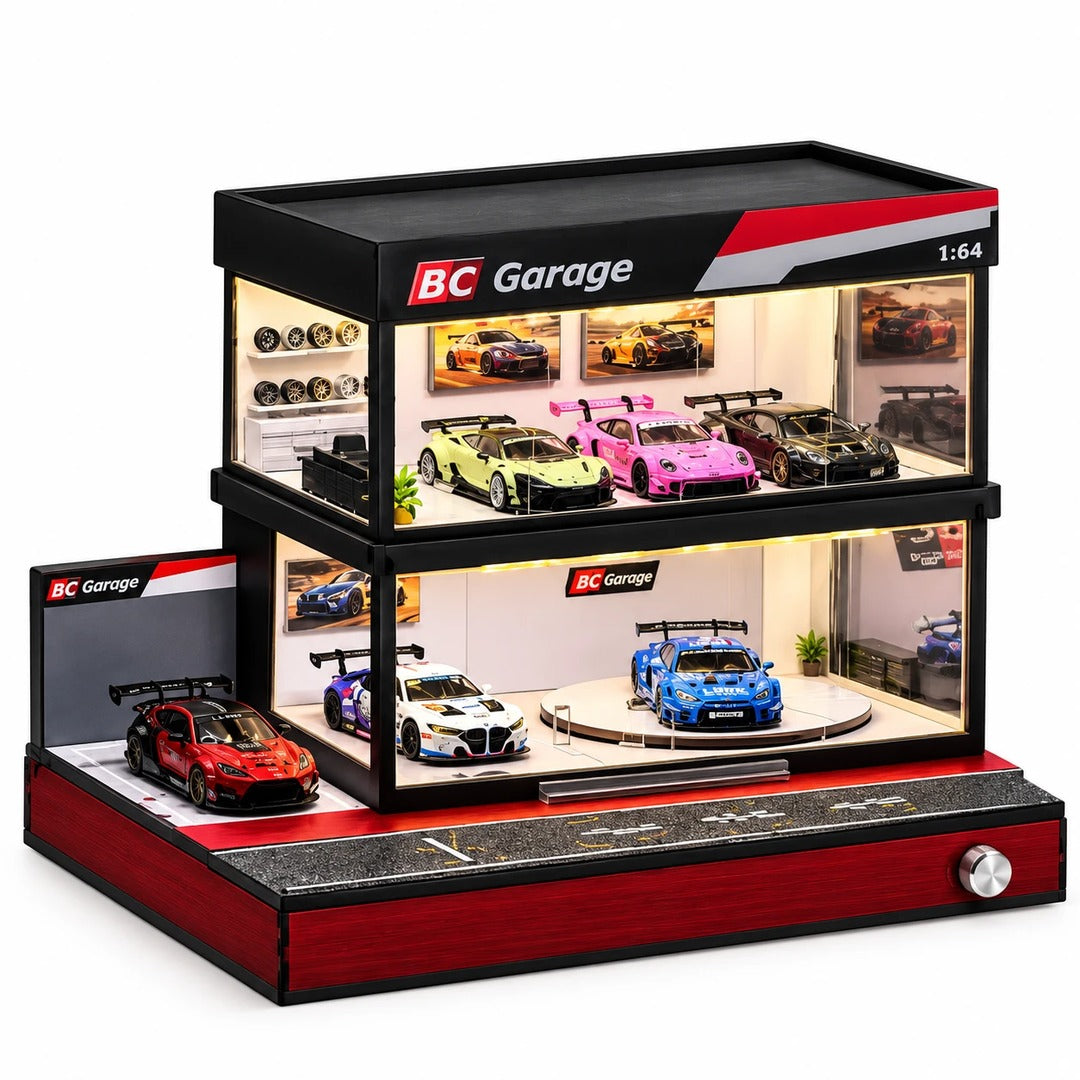 BC Garage Two-Tier LED Display Case with Rotating Turntable angled view showing both tiers and side bay