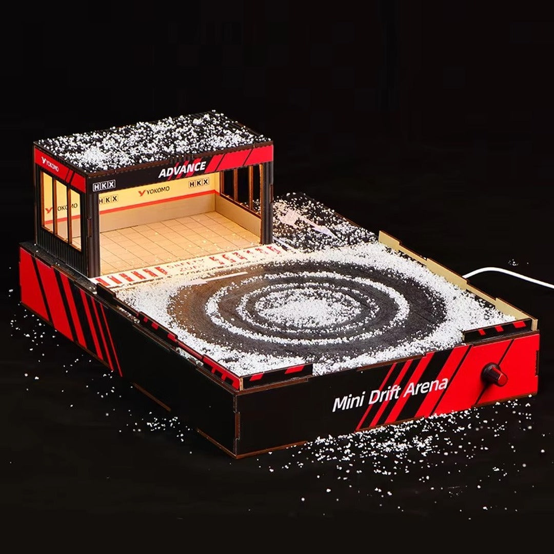 Mini Drift Arena LED Garage Diorama with Rotating Drift Platform for 1:64 Diecast Cars on black background