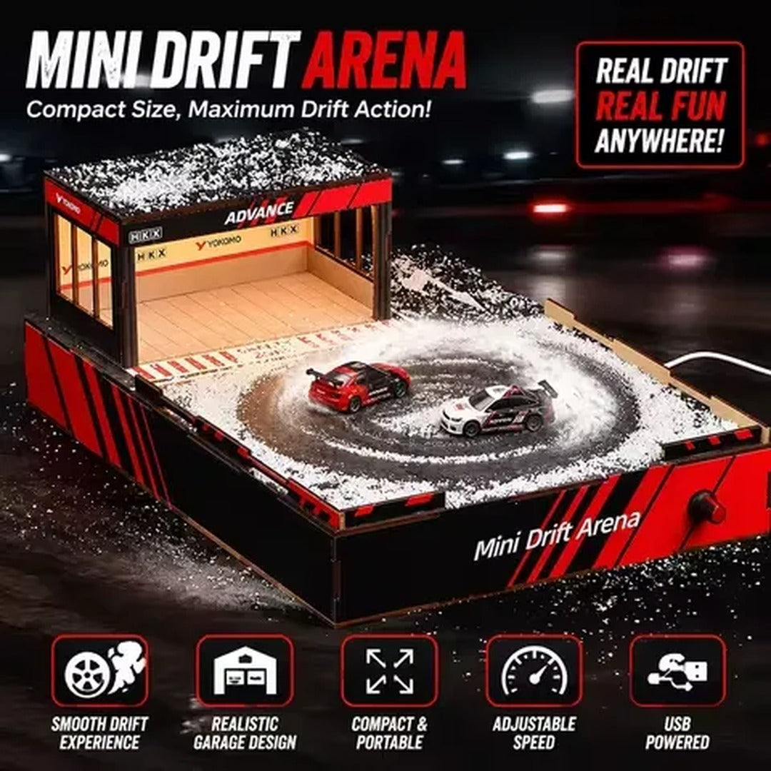 Mini Drift Arena LED Garage Diorama feature infographic with drift cars in action
