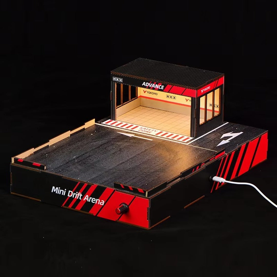 Mini Drift Arena LED Garage Diorama unlit view showing garage bay and drift track base