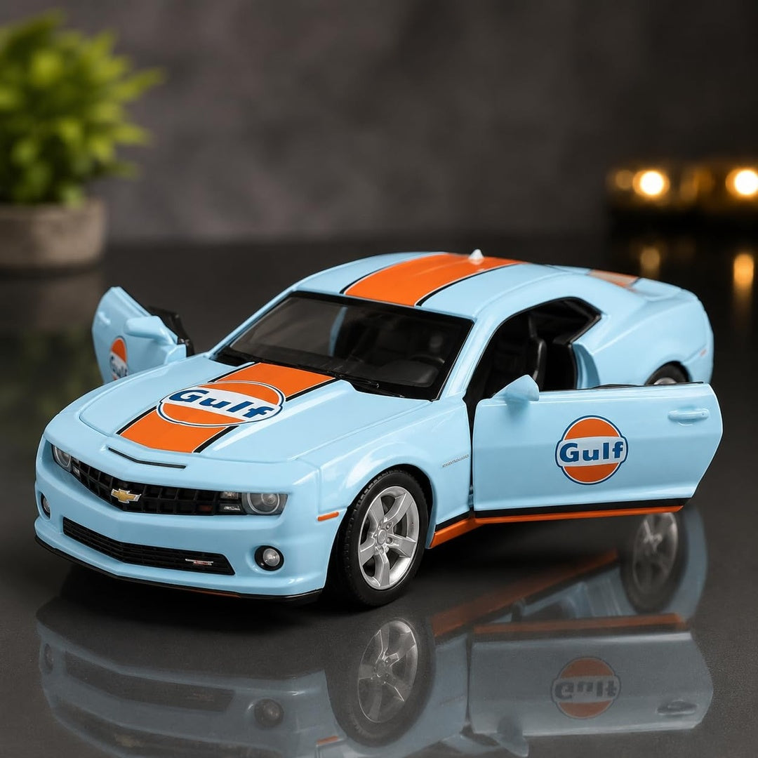Scale 1:64 CCA Chevrolet Camaro SS Diecast Metal Model Car - Gulf Livery Front Angle
