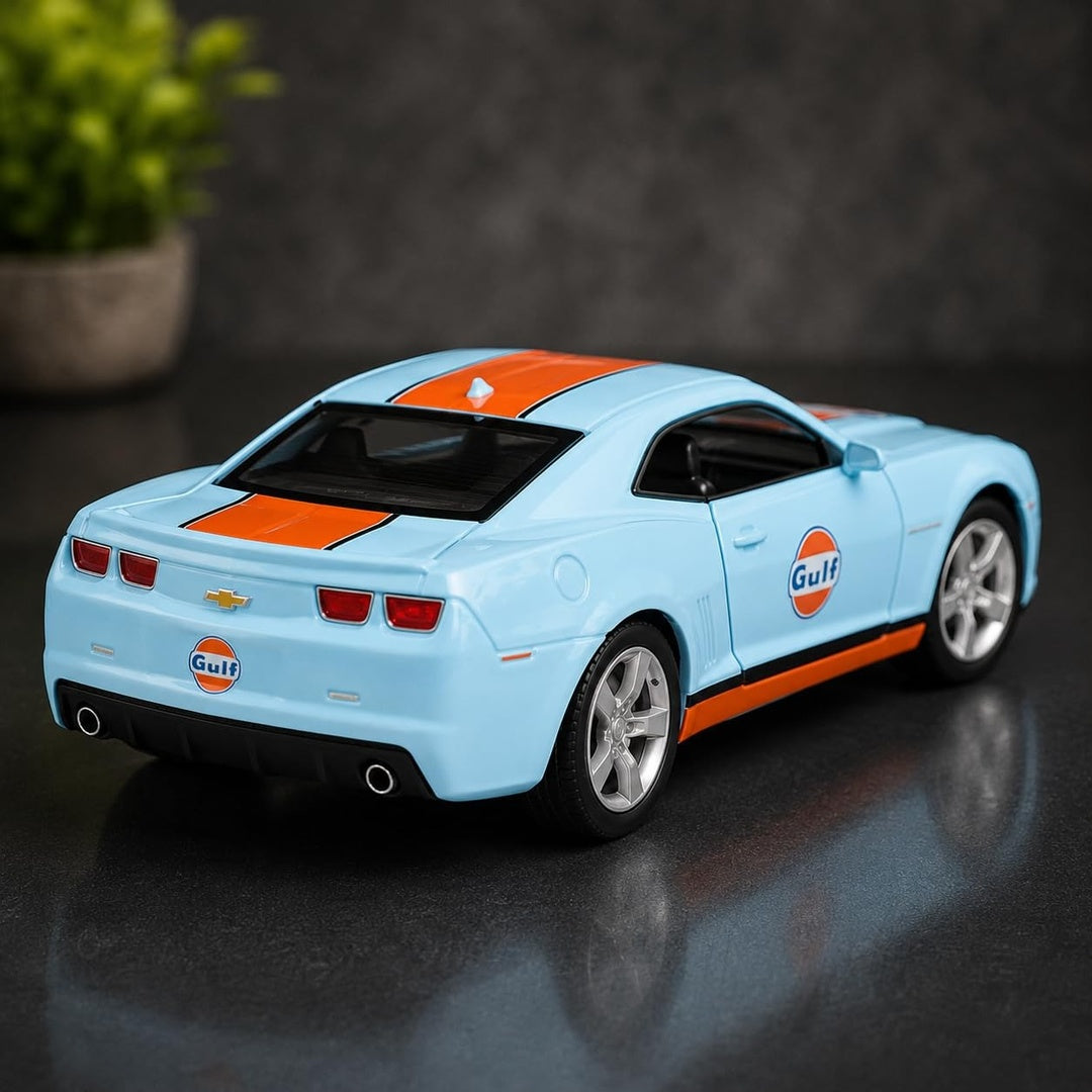Scale 1:64 CCA Chevrolet Camaro SS Diecast Metal Model Car - Gulf Livery Rear Angle