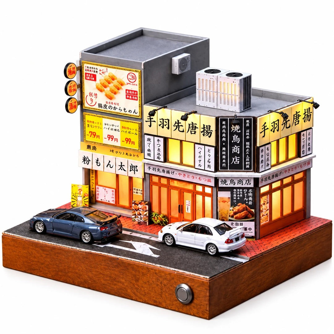 DIY Miniature Japanese Street Corner Shop House Kit with LED Light lit up with diecast cars for scale
