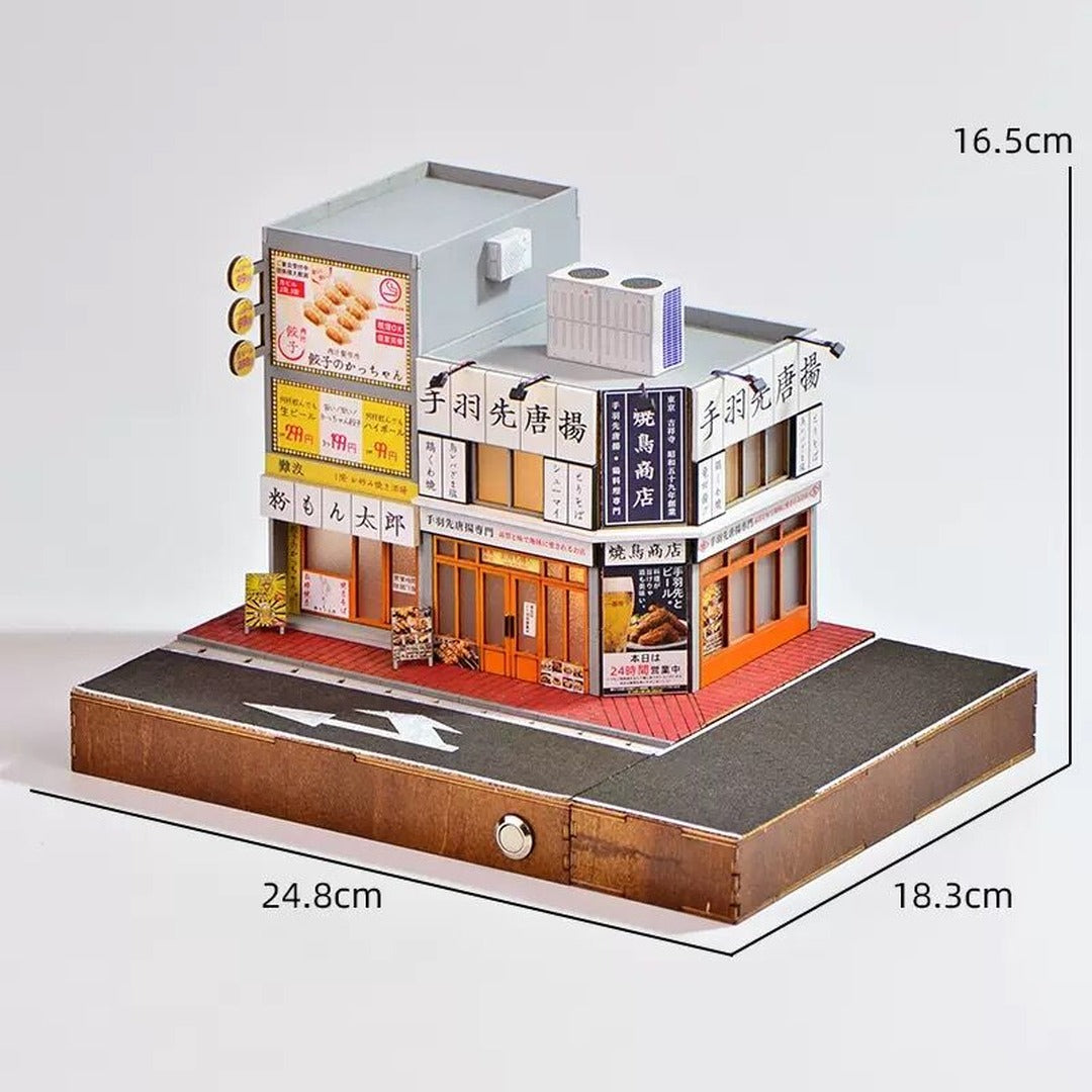 DIY Miniature Japanese Street Corner Shop House Kit with dimensions 24.8cm x 18.3cm x 16.5cm