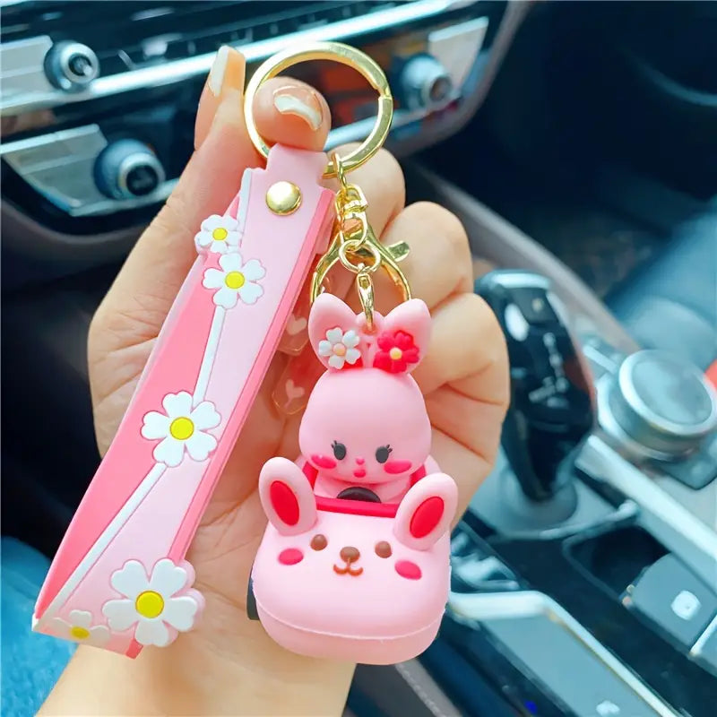 Cute Pig In Car 3D Silicon Keychain With Bagcharm and Strap