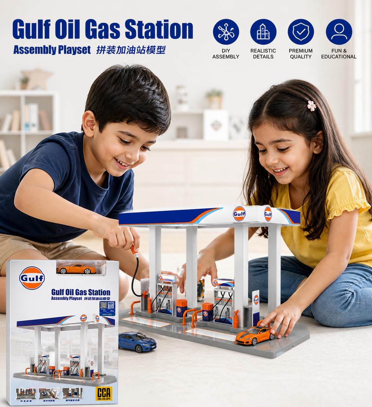 CCA Gulf Oil Gas Station Assembly Playset – Premium Diecast Fuel Station Display|Diorama