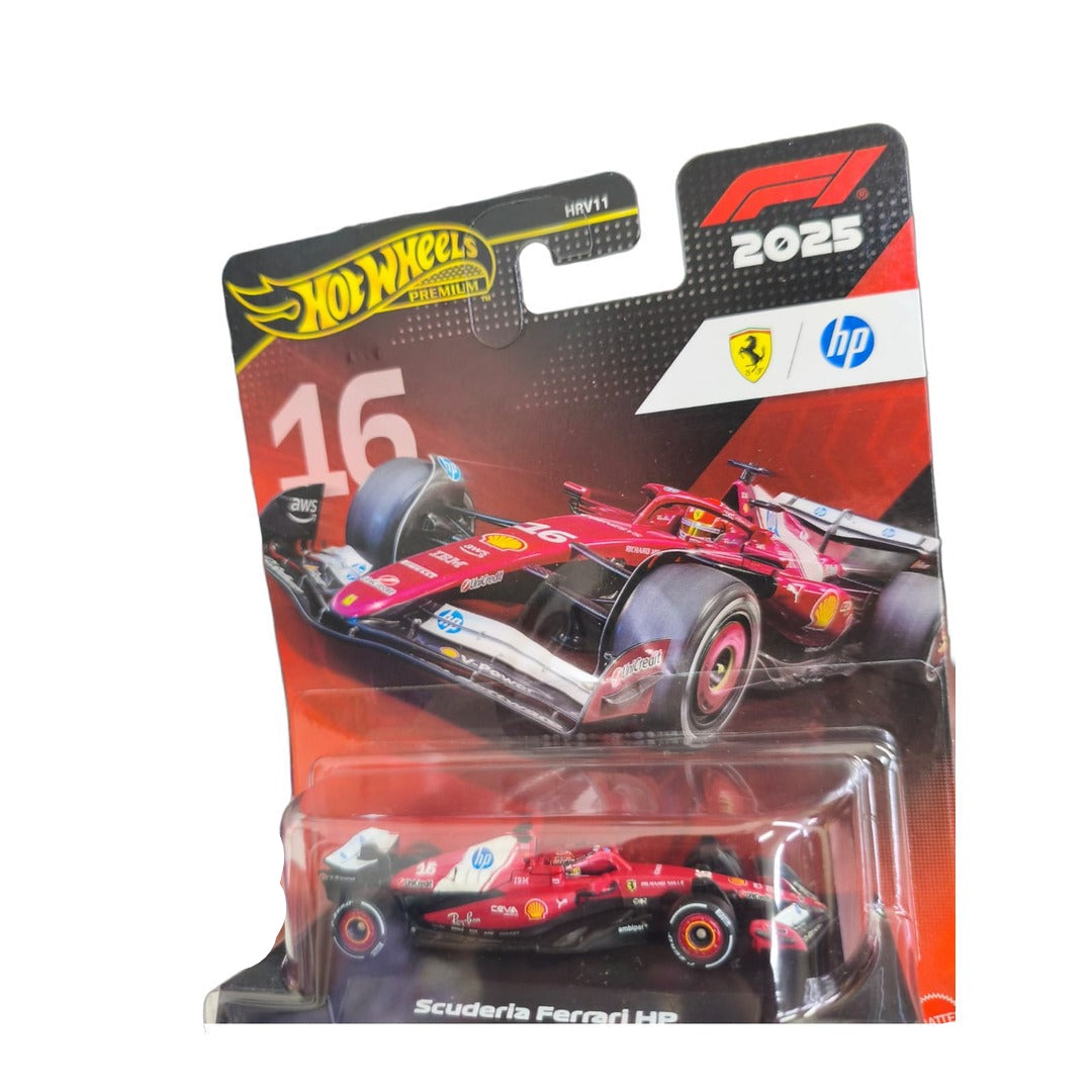 Hot Wheels Premium F1 2025 Scuderia Ferrari HP #16 die-cast car, square close-up