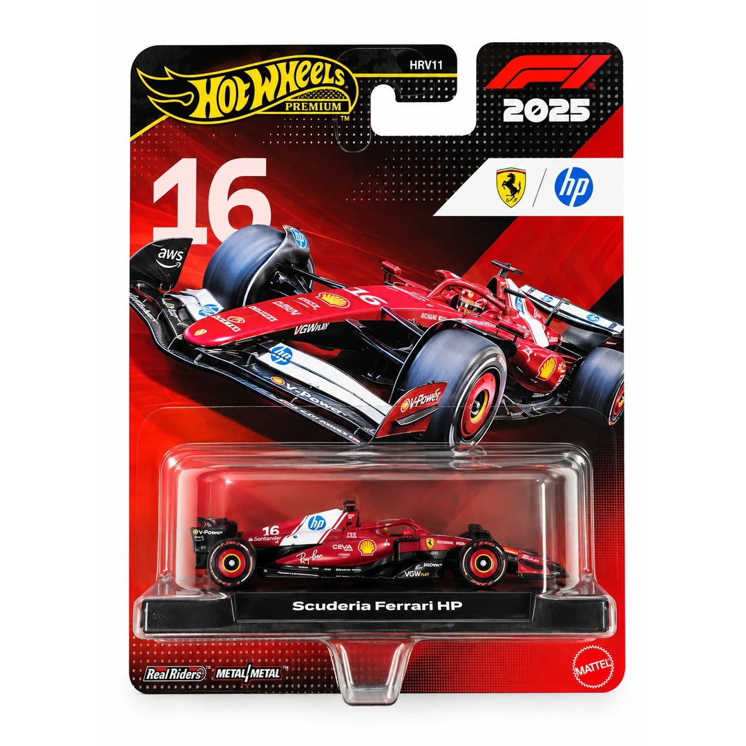 Hot Wheels Premium Imported F1 2025 Scuderia Ferrari HP #16 1:64 diecast model car packaging, card code HRV11