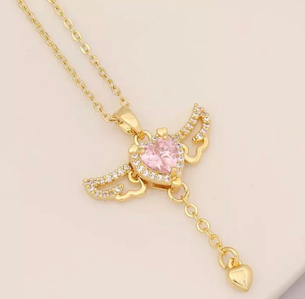Angel Wing Pink Heart Necklace