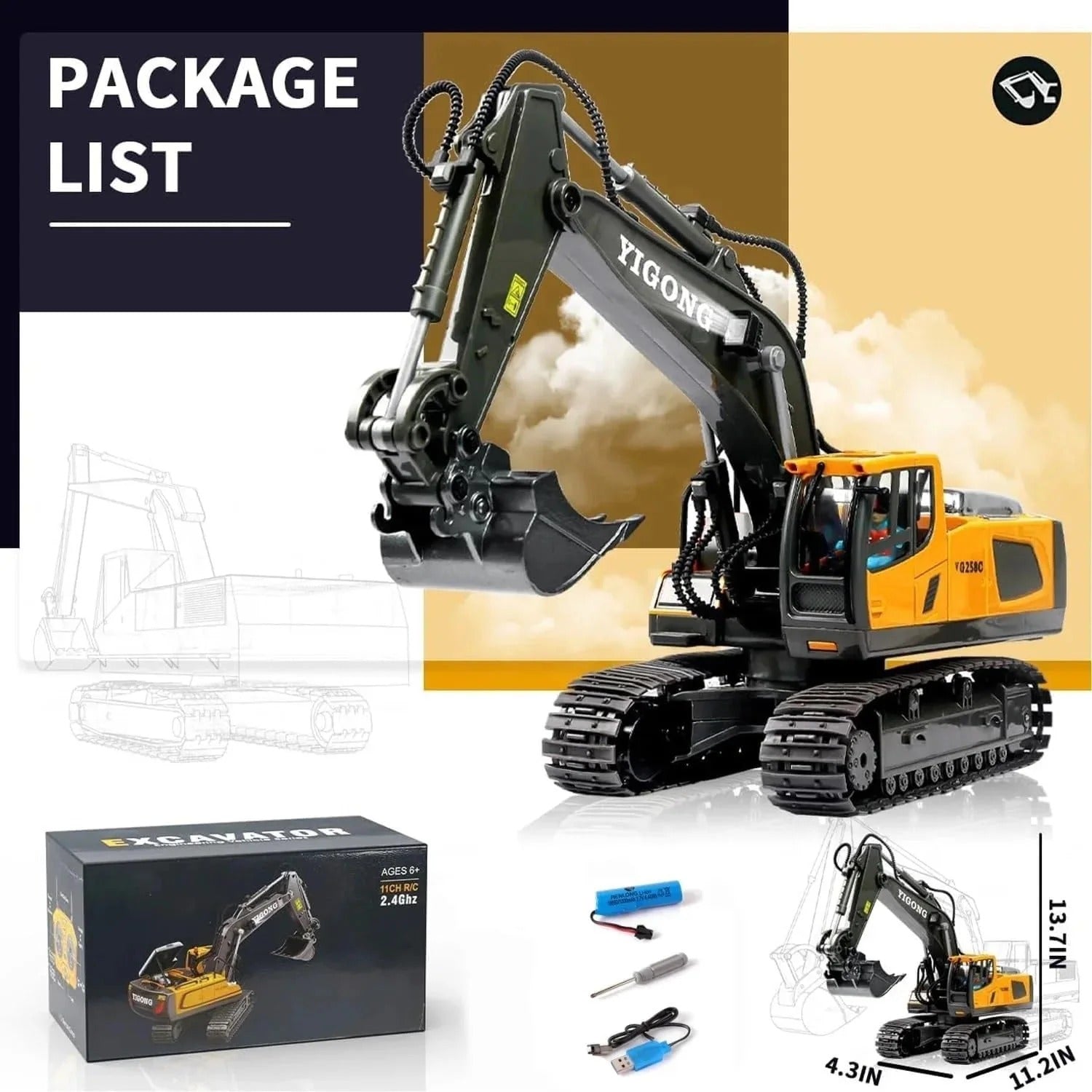 YIGONG YG258C 1:18 Scale RC Excavator Toy – 11 Channel 2.4GHz Remote Control Construction Truck with Lights, Sound & Digging Bucket