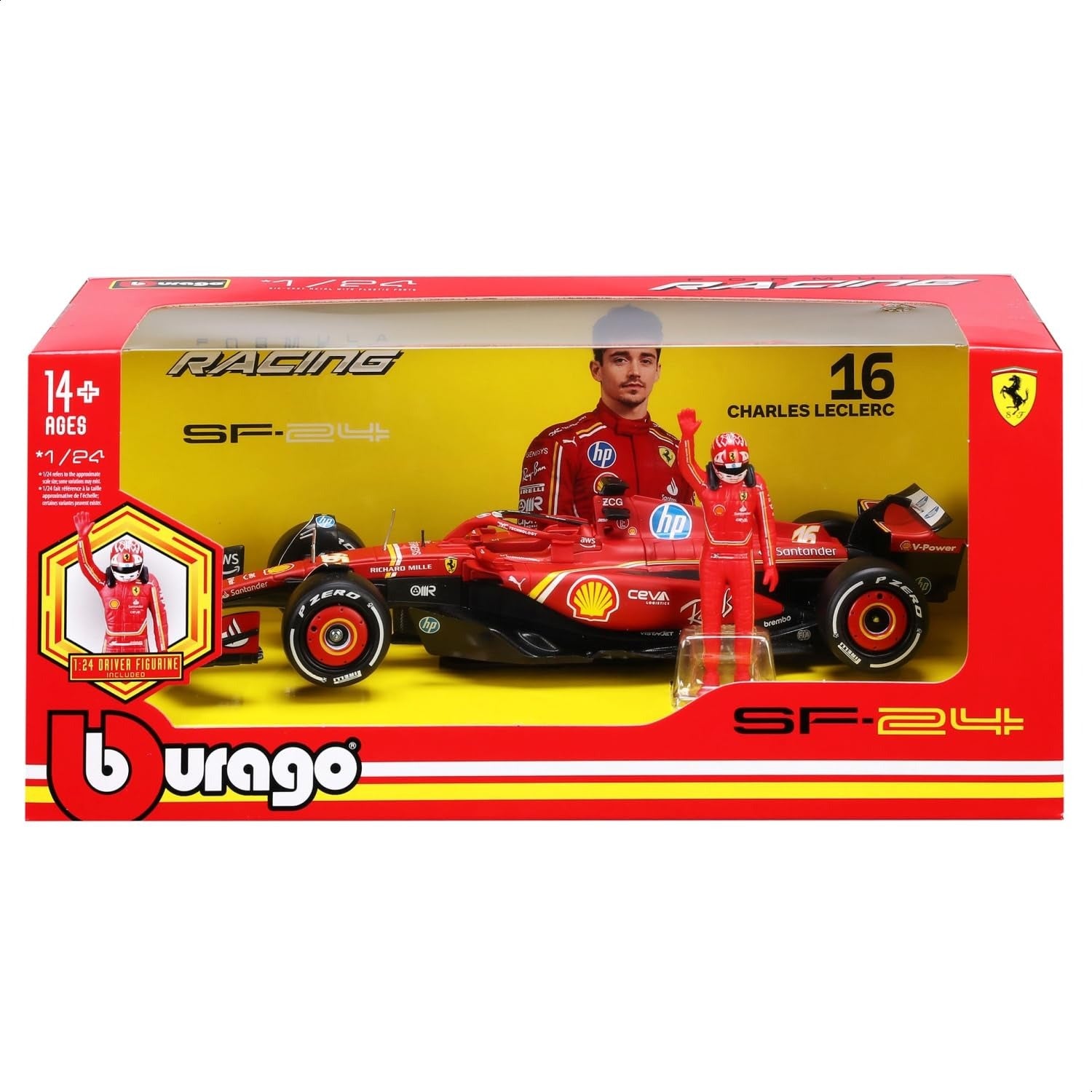 Bburago Ferrari SF-24 Charles Leclerc #16 1:24 Diecast F1 Model Car with Driver Figure