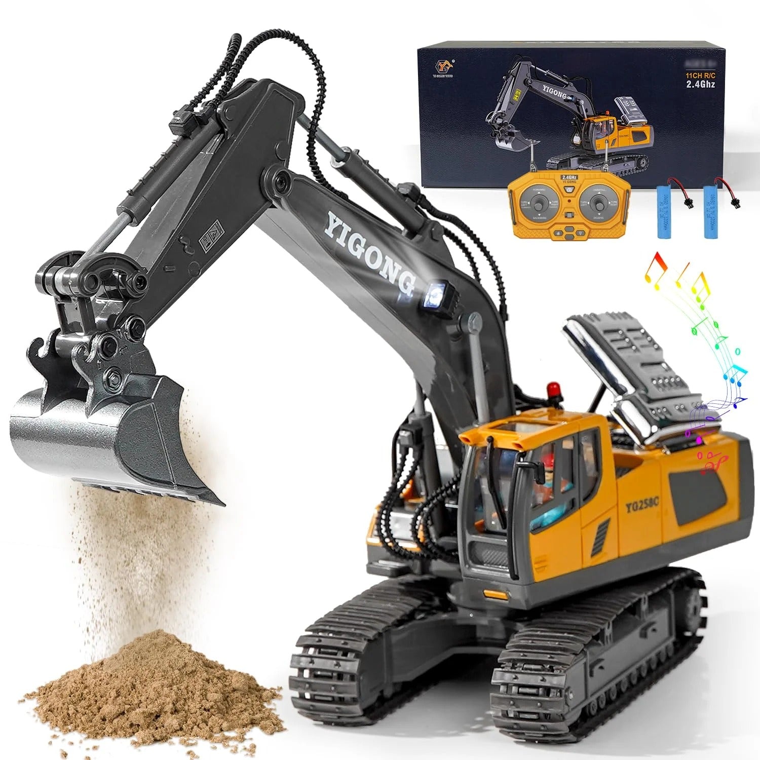 YIGONG YG258C 1:18 Scale RC Excavator Toy – 11 Channel 2.4GHz Remote Control Construction Truck with Lights, Sound & Digging Bucket