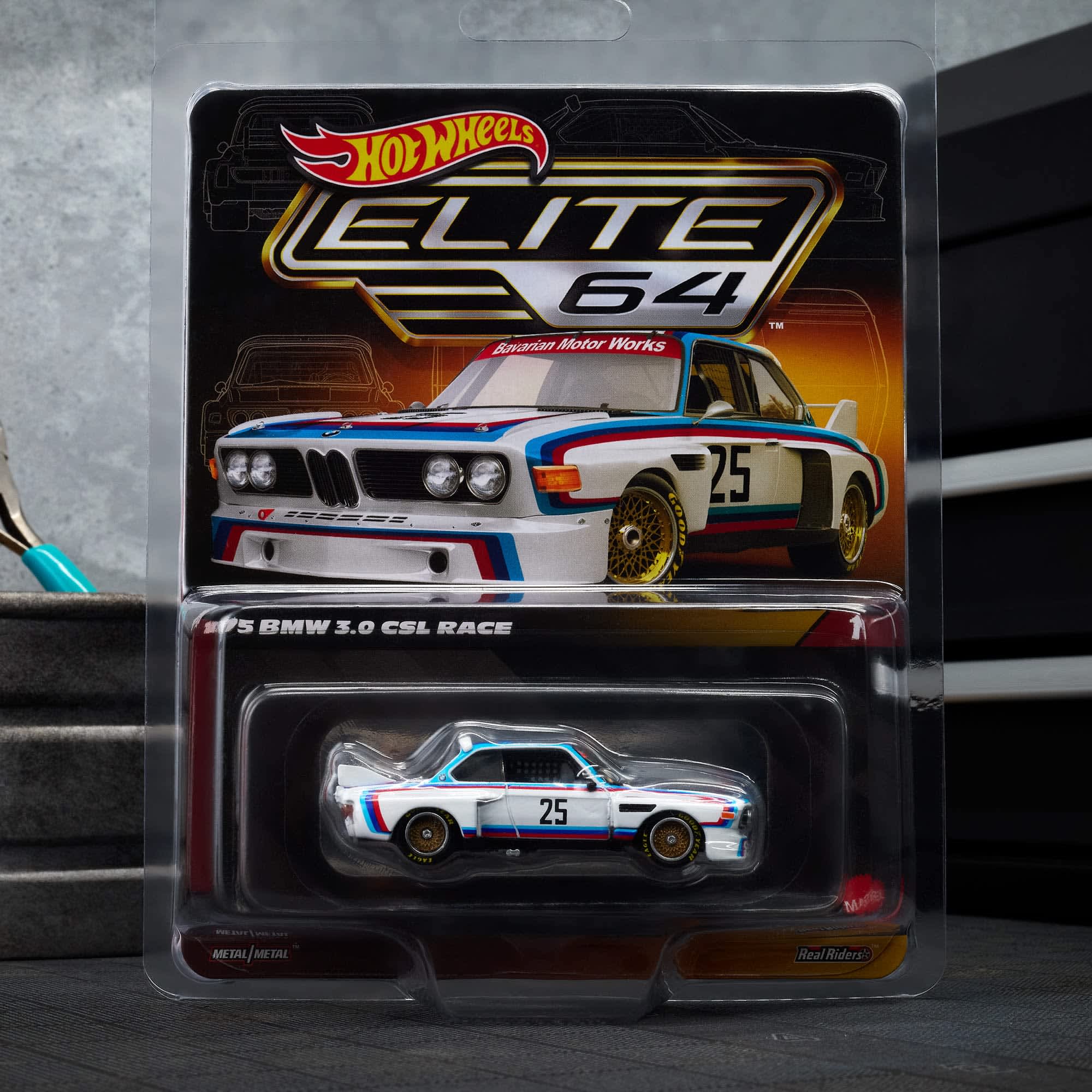 Hot Wheels Scale 1:64 Imported Elite 64 1975 BMW 3.0 CSL Race Vehicle Exclusive Collection