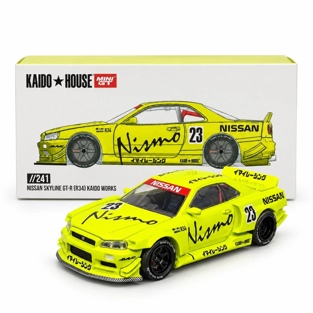 Kaido House x MINI GT Nissan Skyline GT-R (R34) Kaido Works V4 Nismo Yellow #23 1:64 Diecast Model Car