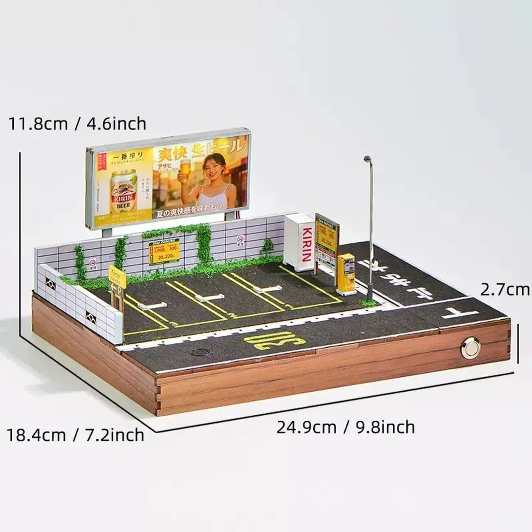 Japanese Parking Lot LED Diorama with Kirin Beer Billboard dimensions 24.9cm x 18.4cm x 11.8cm