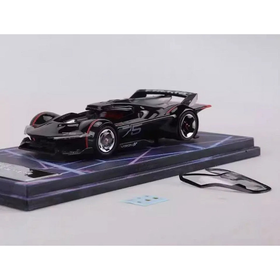 LMF Ferrari Vision Gran Turismo Black front three-quarter view on display base