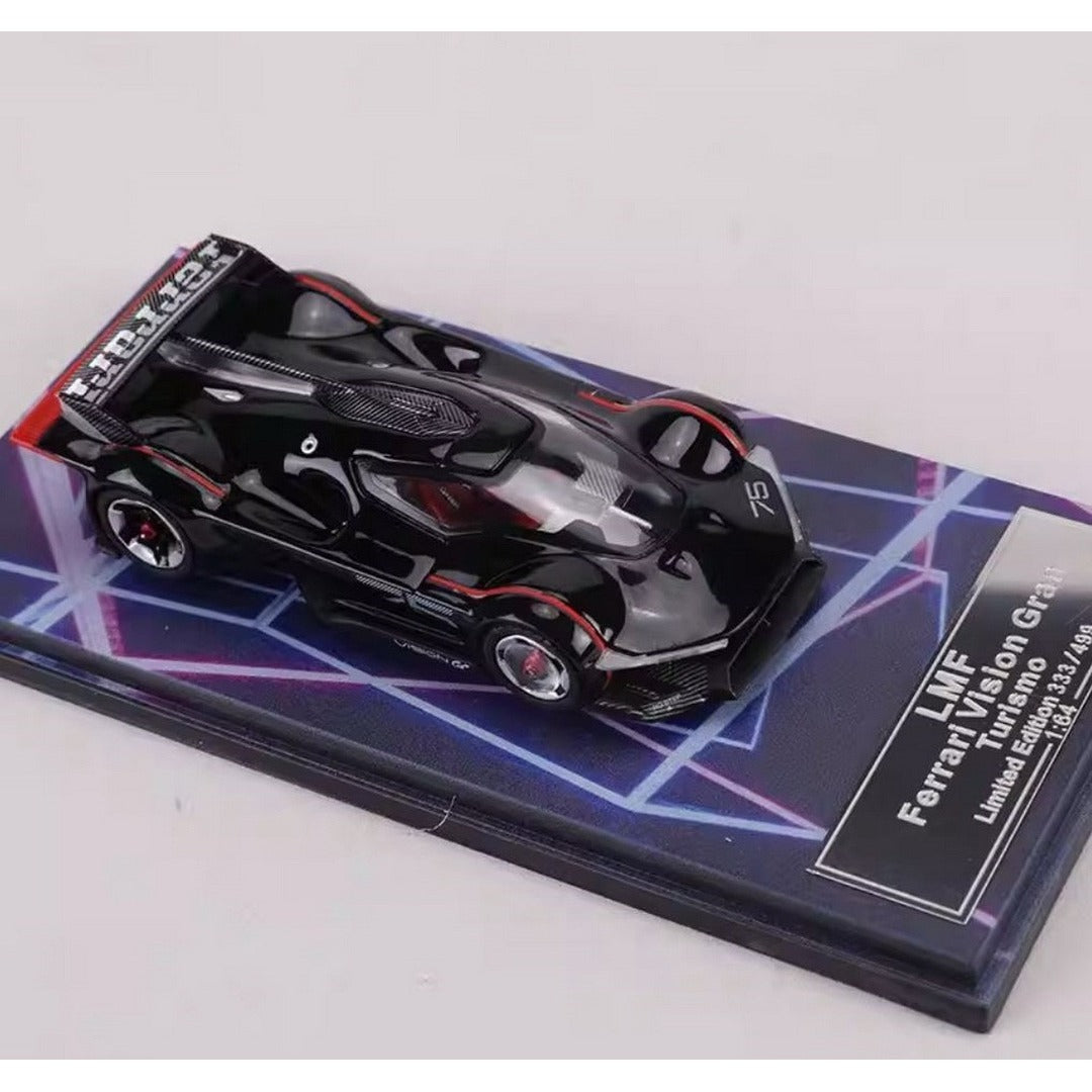 LMF Ferrari Vision Gran Turismo Black side profile view on display base with nameplate