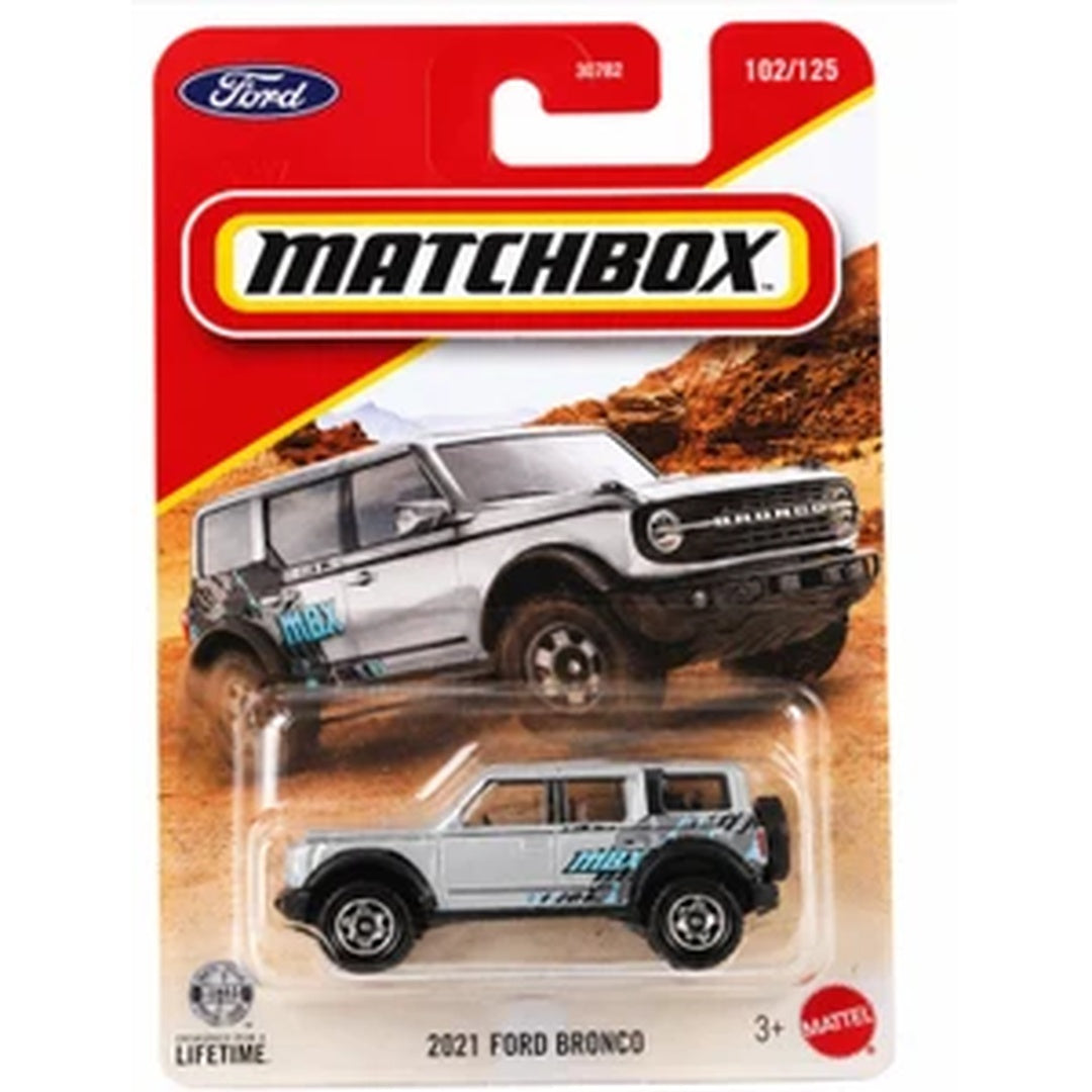 Matchbox Imported 2021 Ford Bronco 1:64 Diecast Model Car 102/125 - Silver/White with Teal Accents