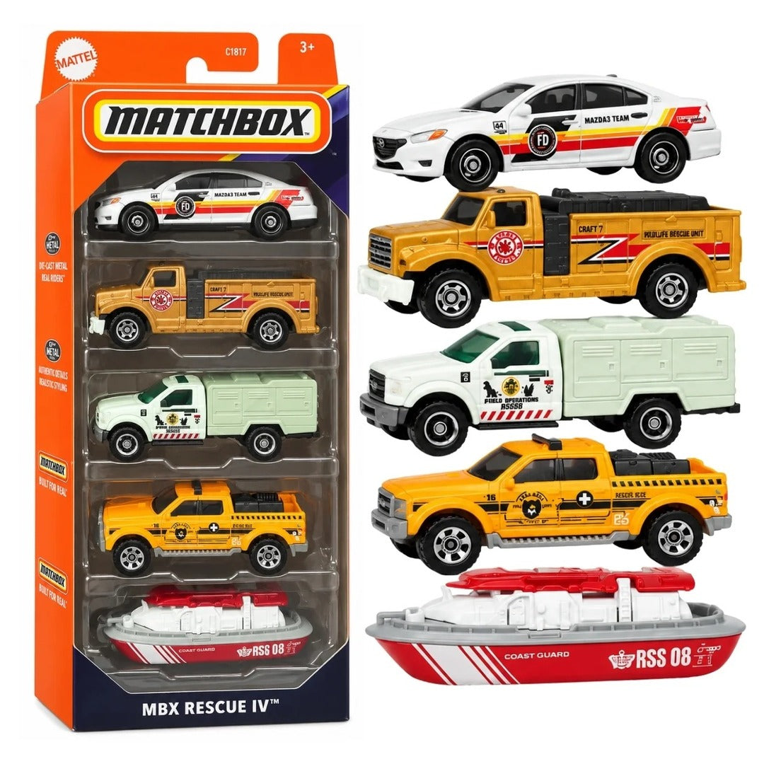 Matchbox MBX Rescue IV 5-Pack box and vehicles