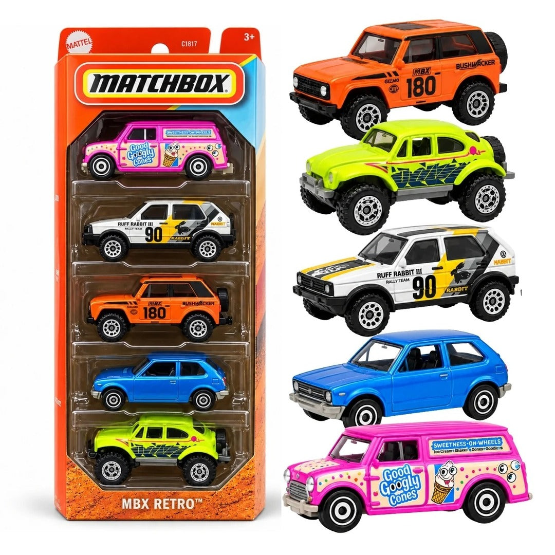 Matchbox MBX Retro 5-Pack box and vehicles