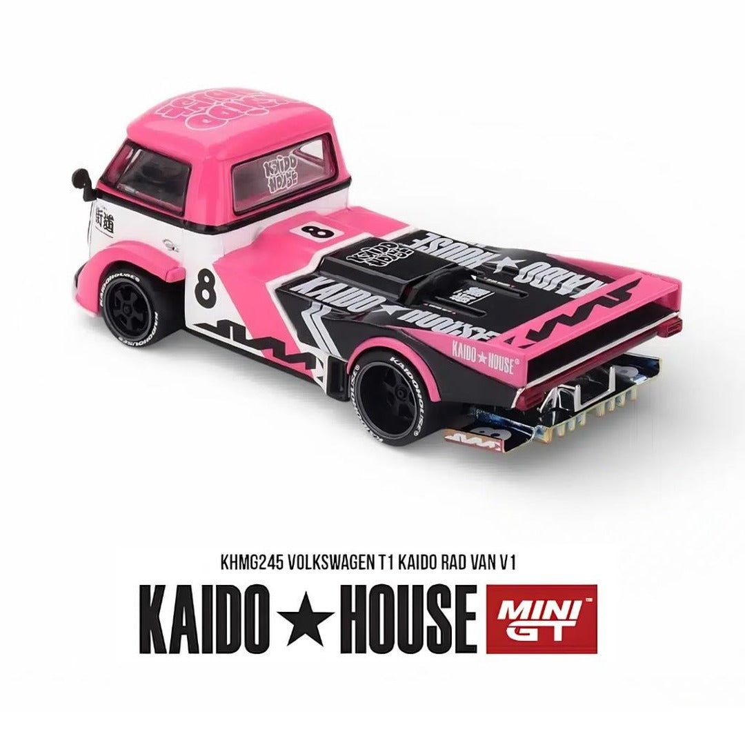 MINI GT × Kaido House #245 Volkswagen T1 KAIDO RAD VAN V1 1:64 diecast model car, rear three-quarter view