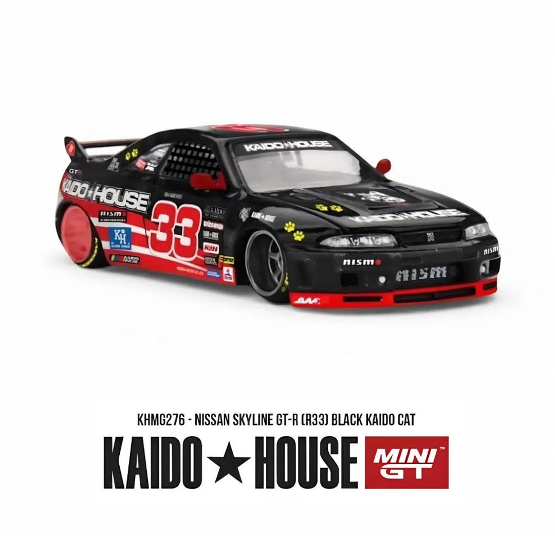 Kaido House × MINI GT Nissan Skyline GT-R (R33) Black Kaido Cat 1:64 diecast model car, front three-quarter view