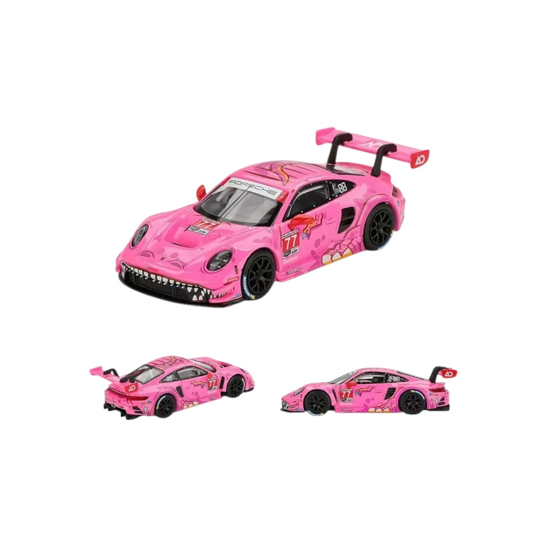 MINI GT #1052 Roxy Porsche 911 GT3 R #77 AO Racing 2024 IMSA Road America diecast model car - rear three-quarter view
