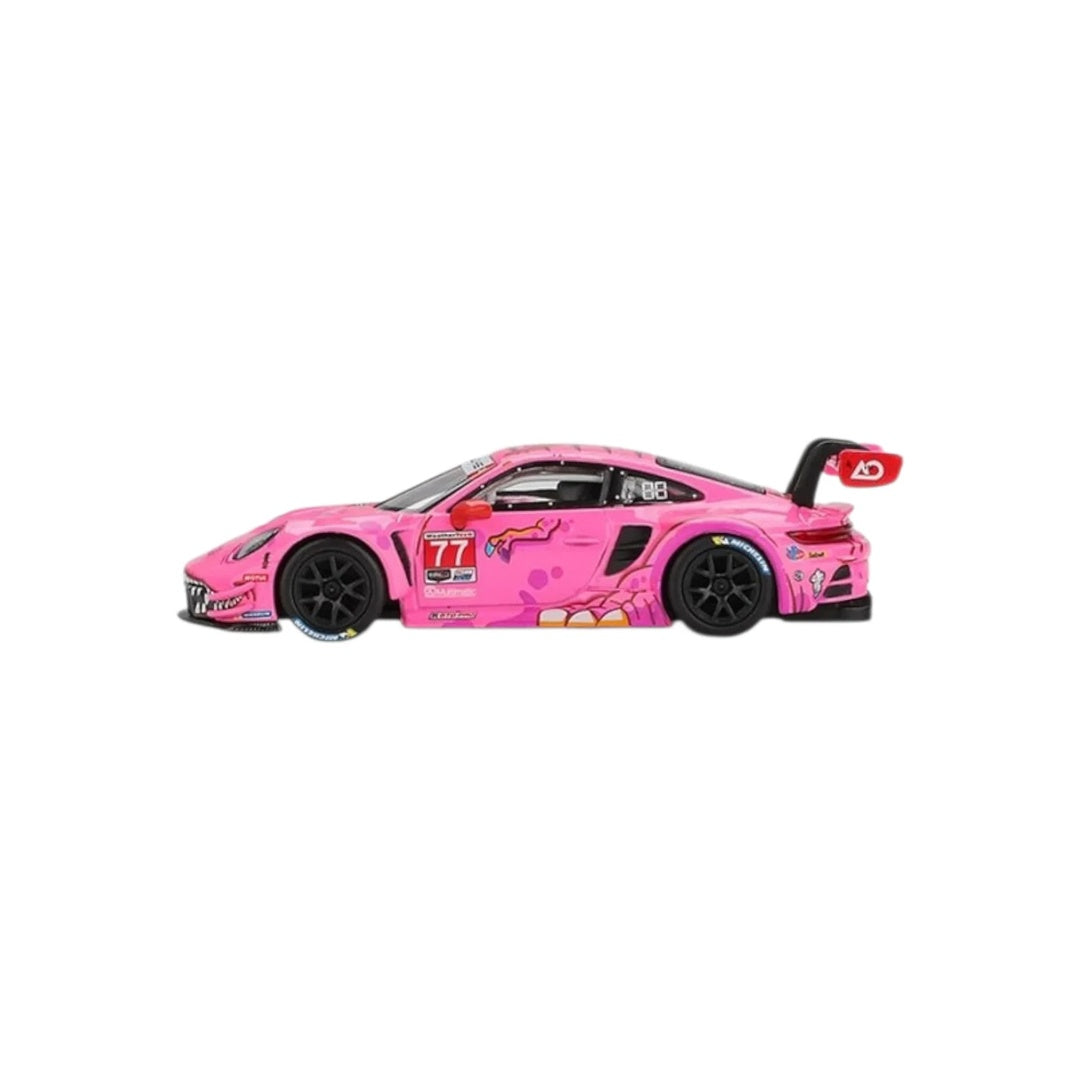 MINI GT #1052 Roxy Porsche 911 GT3 R #77 AO Racing 2024 IMSA Road America diecast model car - side profile