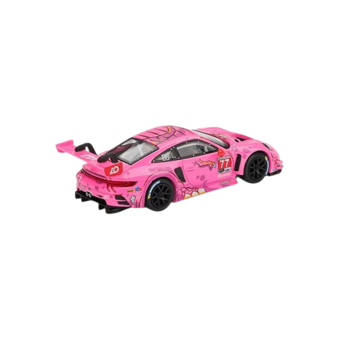 MINI GT #1052 Roxy Porsche 911 GT3 R #77 AO Racing 2024 IMSA Road America diecast model car - rear view