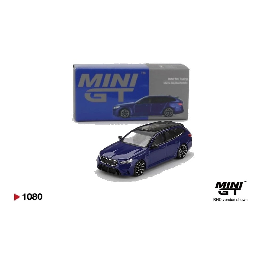 Mini GT #1080 BMW M5 Touring Marina Bay Blue Metallic 1:64 diecast model car with box - zoomed