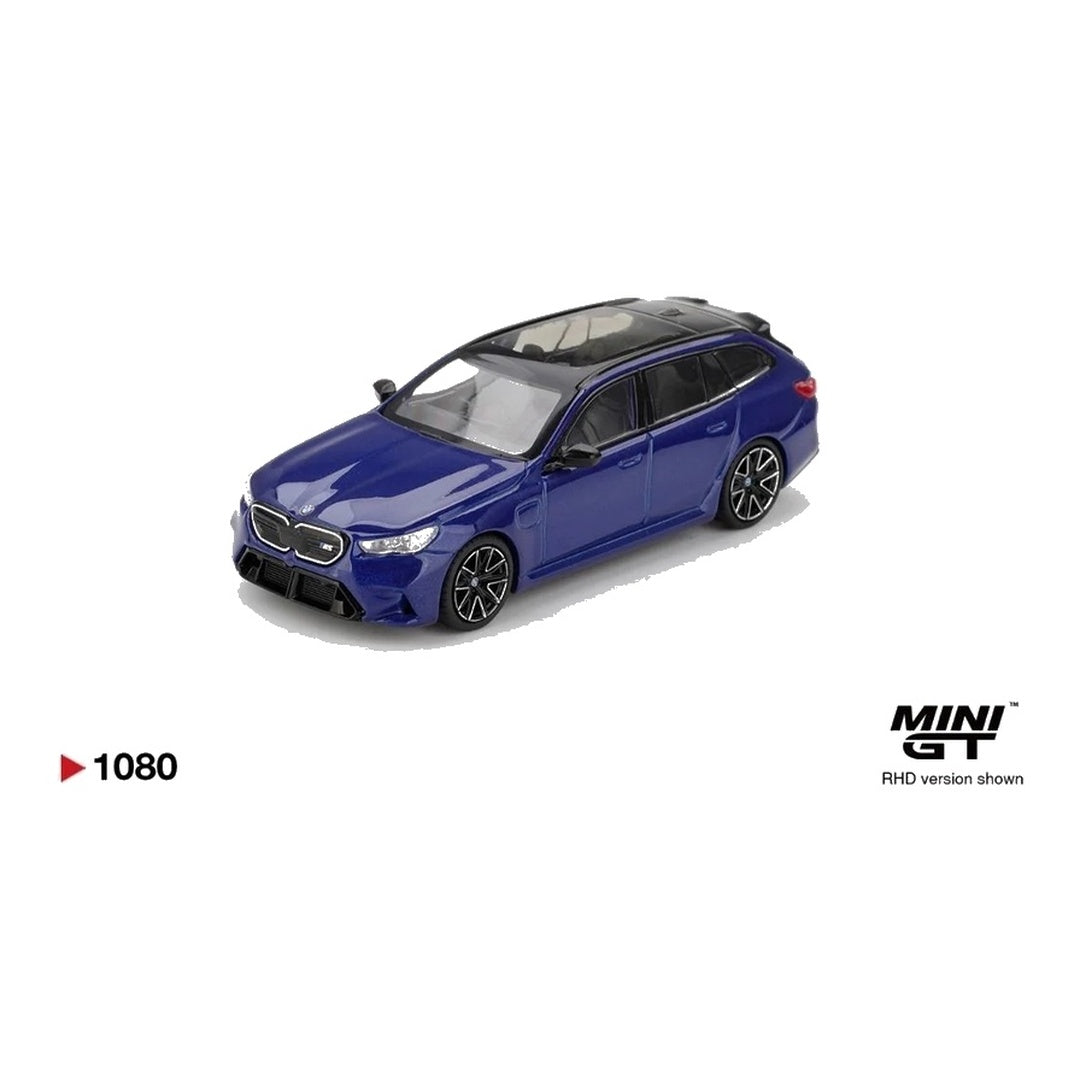 Mini GT #1080 BMW M5 Touring Marina Bay Blue Metallic 1:64 diecast model car - front three-quarter view zoomed