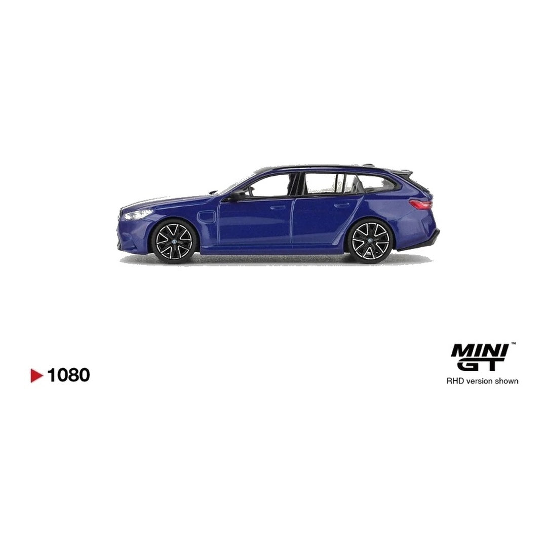 Mini GT #1080 BMW M5 Touring Marina Bay Blue Metallic 1:64 diecast model car - side profile zoomed